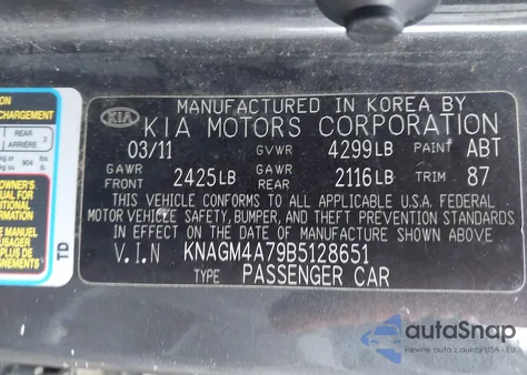 2011 Kia Optima Lx z USA, uszkodzony, nr VIN KNAGM4A79B5128651